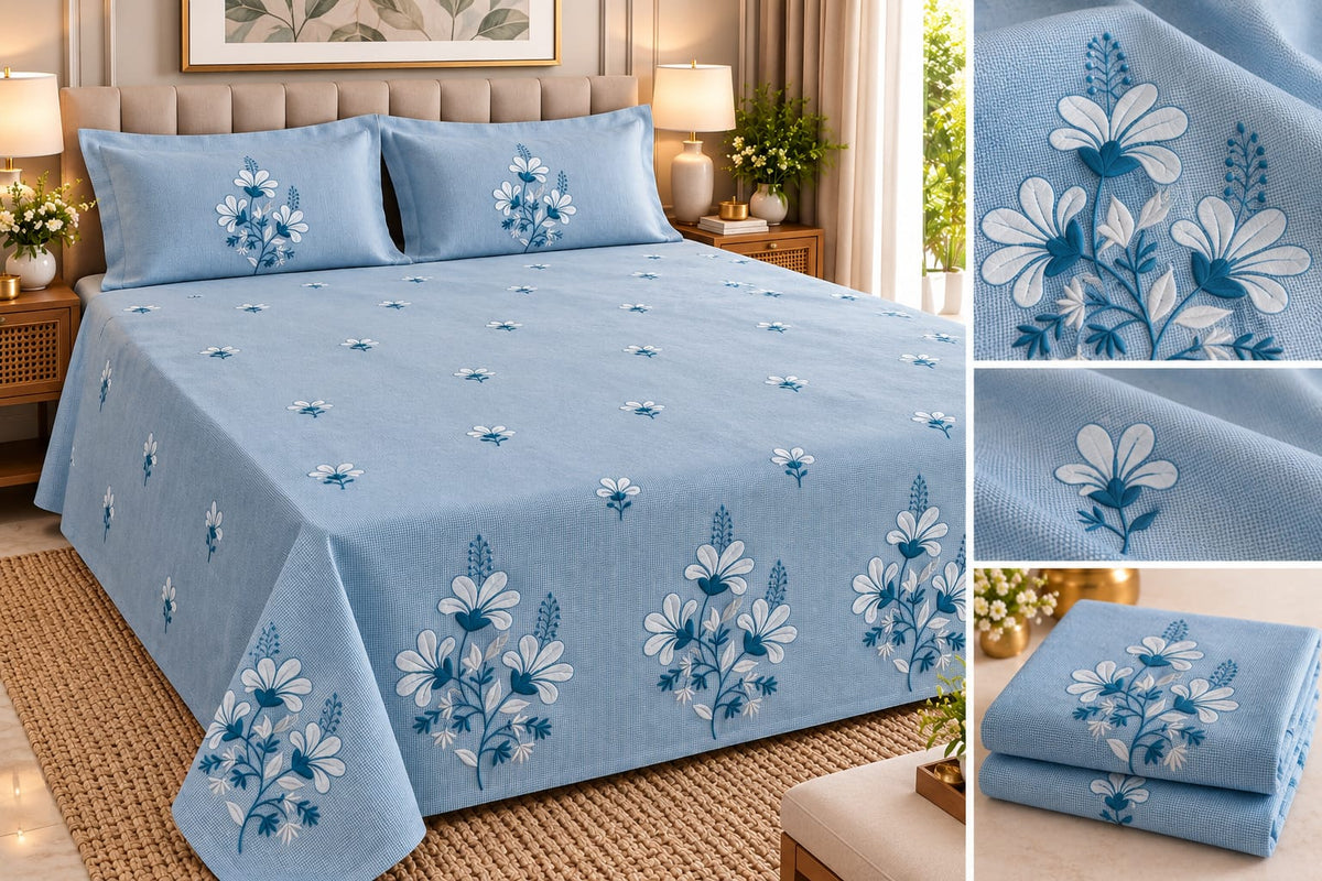 Santorini Sky Blossom bedsheet with embroidery close-ups