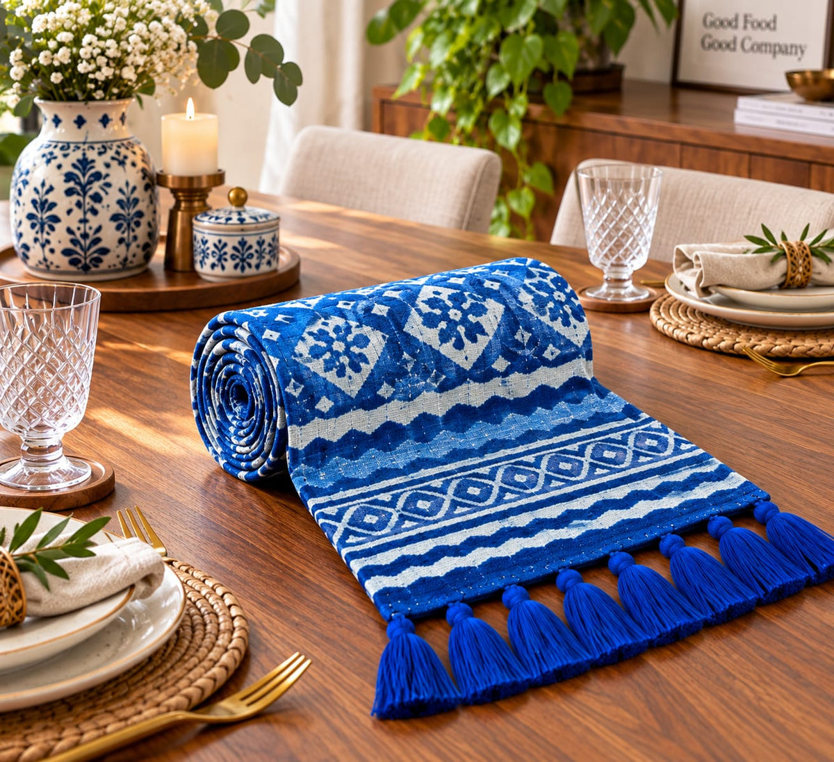 Blue Diamond Floral Trellis Hand Block Jute Table Runner - Table Runner - ChapaSsyahii