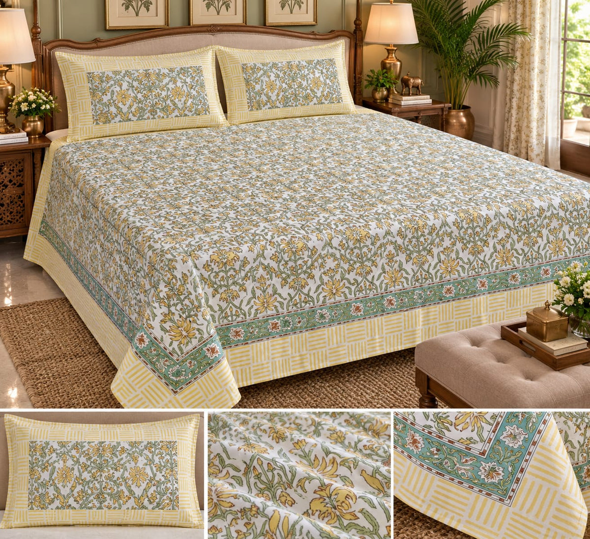 Yellow Green Floral Jaal Handblock Cotton Super King Bedsheet folded set collage