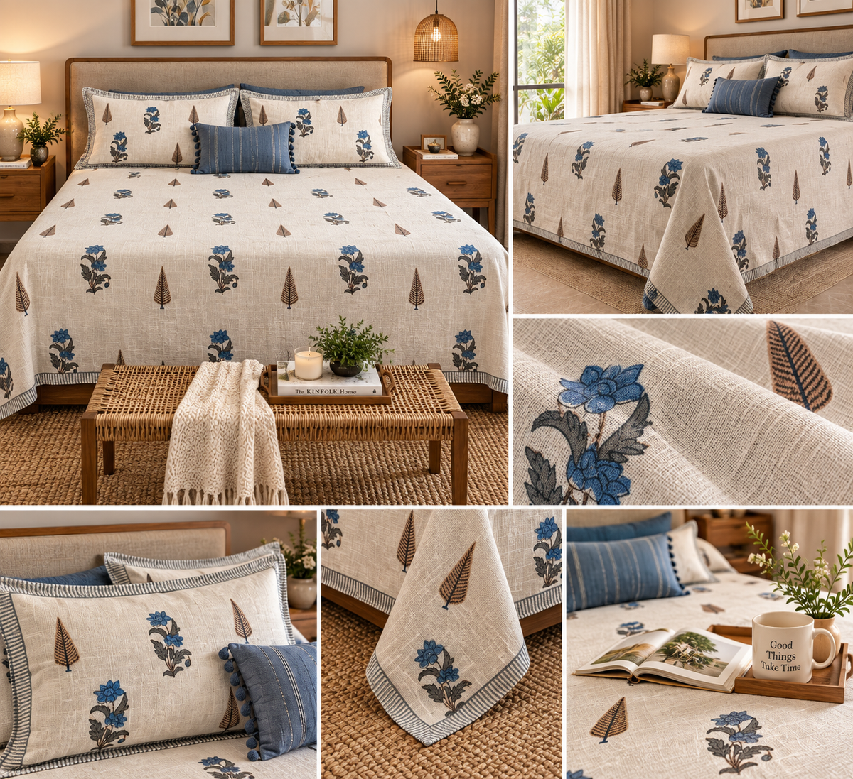 Indigo Bloom bedcover on king bed with pillow and fabric close-ups
