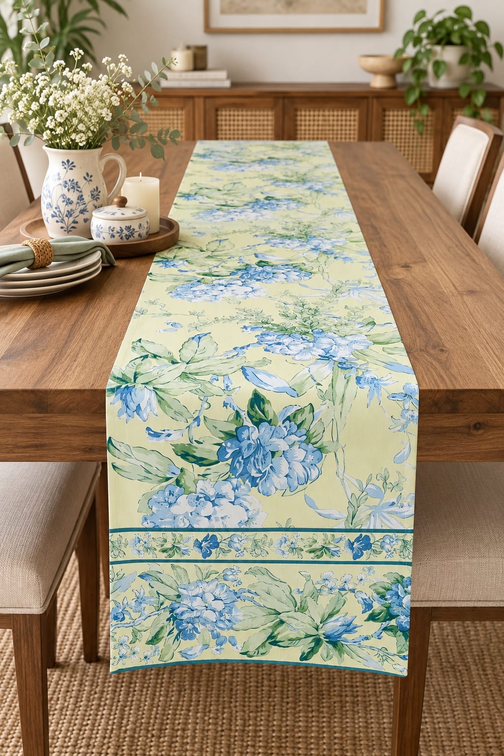 Butter Yellow Hydrangea Hand Block Canvas Cotton Table Runner - Table Runner - ChapaSsyahii