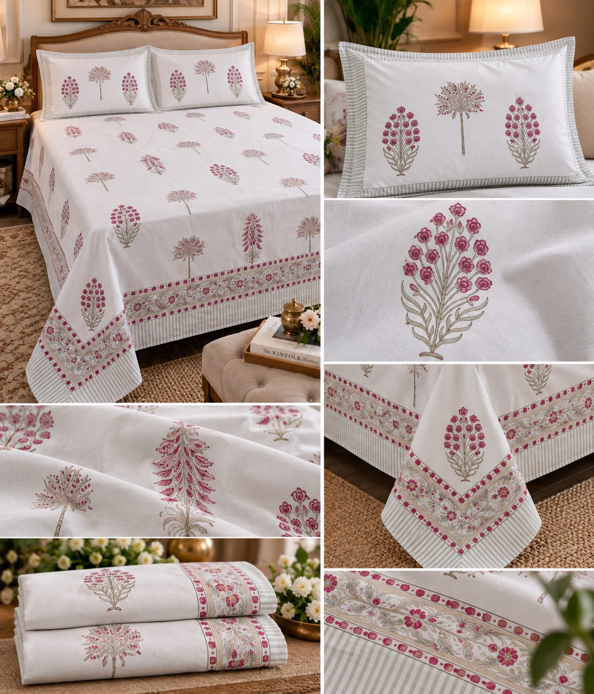 Pink Botanical Boota Handblock Cotton Super King Bedsheet on bed with pillow covers