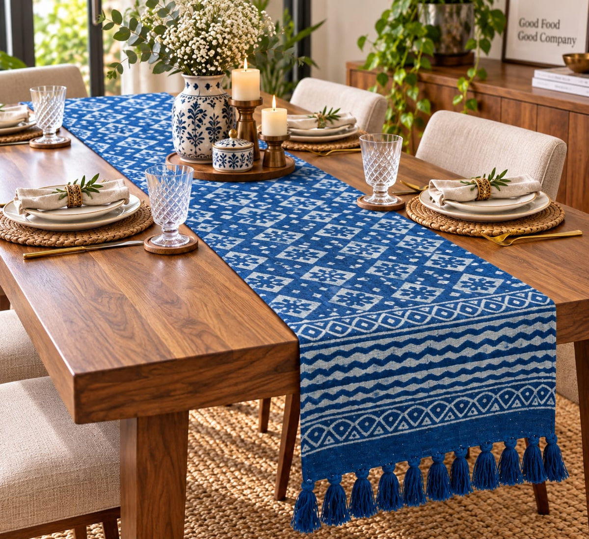 Blue Diamond Floral Trellis Hand Block Jute Table Runner - Table Runner - ChapaSsyahii
