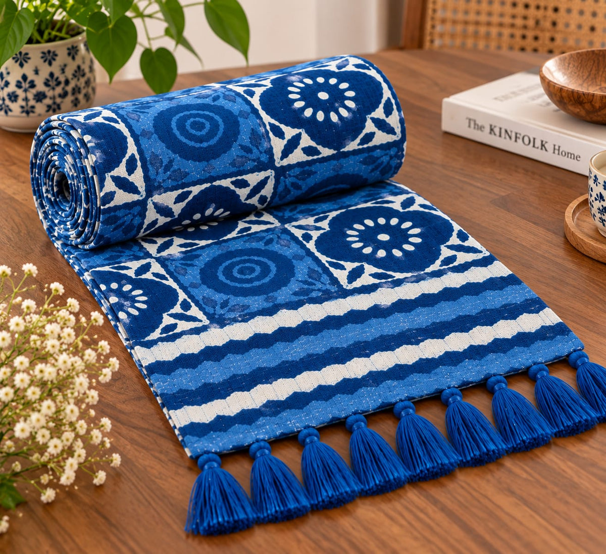 Indigo Floral Medallion Tile Hand Block Jute Table Runner - Table Runner - ChapaSsyahii