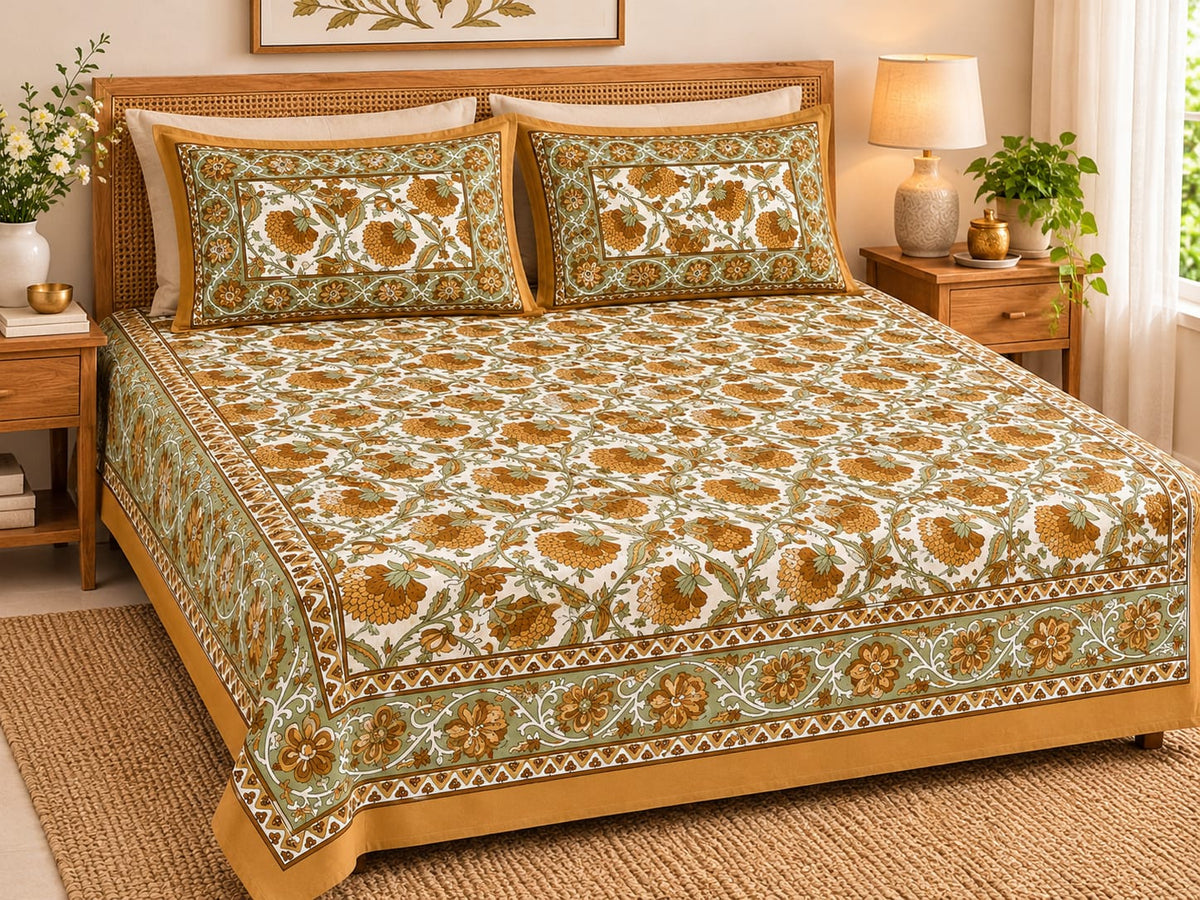 Mustard Sage Marigold Trellis Cotton King Size Bedsheet Set