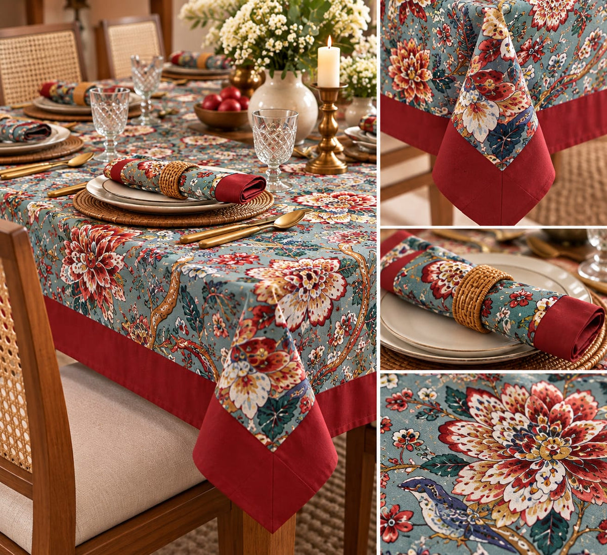Teal Jacobean Bloom table cover close-up