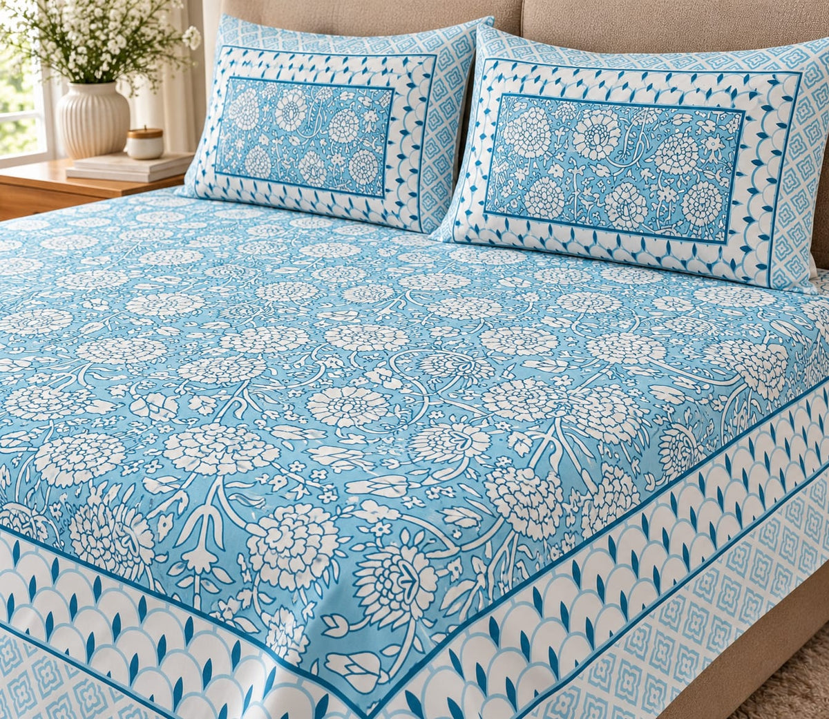 Sky Blue Marigold Scallop bedsheet with pillow covers