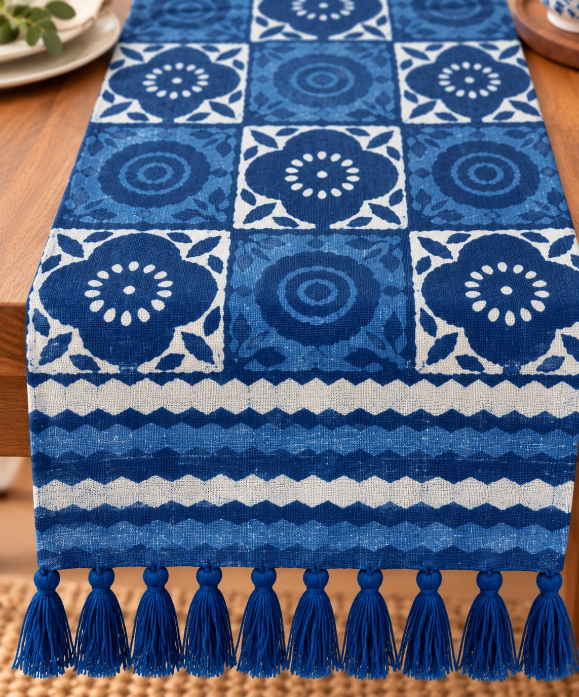 Indigo Floral Medallion Tile Hand Block Jute Table Runner - Table Runner - ChapaSsyahii
