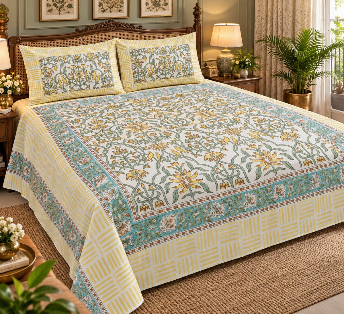 Yellow Green Floral Jaal Handblock Cotton Super King Bedsheet detail collage