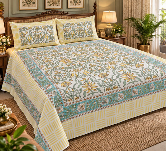 Yellow Green Floral Jaal Handblock Cotton Super King Bedsheet detail collage