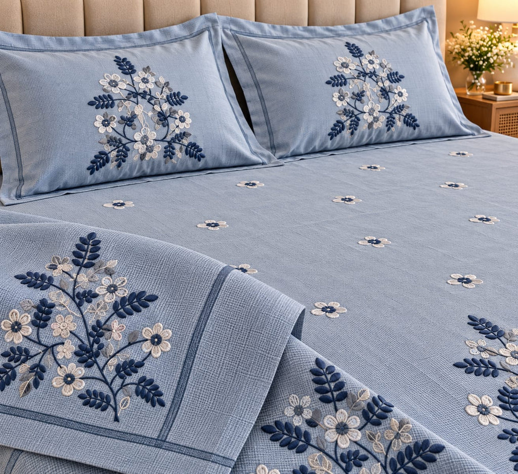 Delft Blue Fern Blossom embroidery close-up with pillow covers