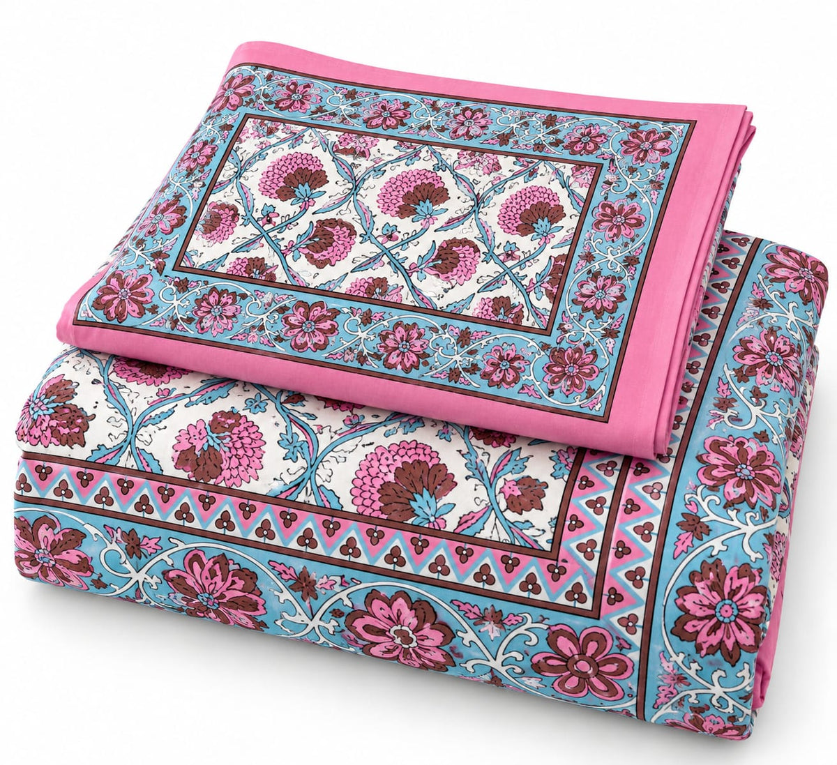Pink Aqua Carnation Trellis bedsheet set folded