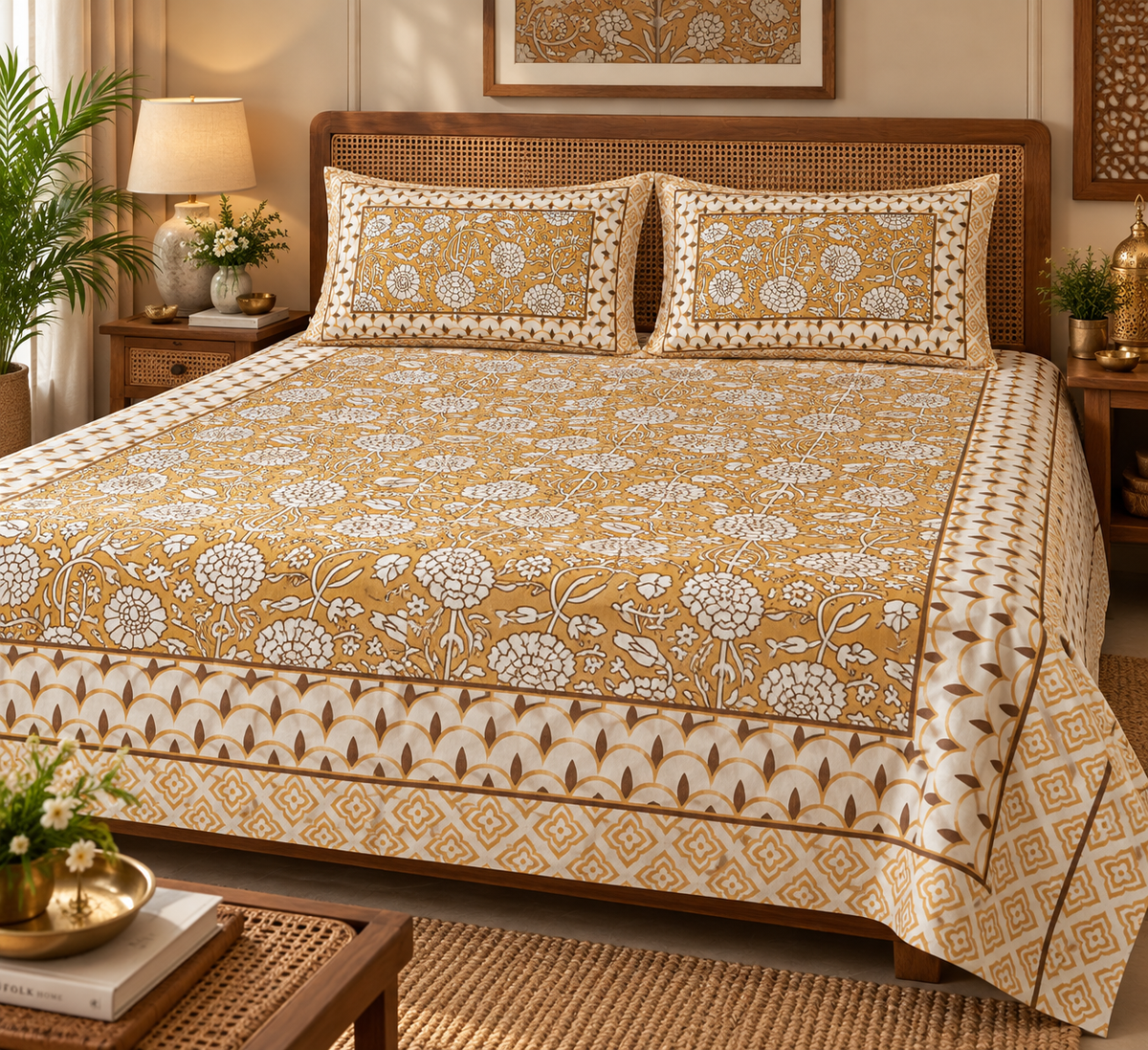 Golden Marigold Bloom Cotton King Size Bedsheet Set