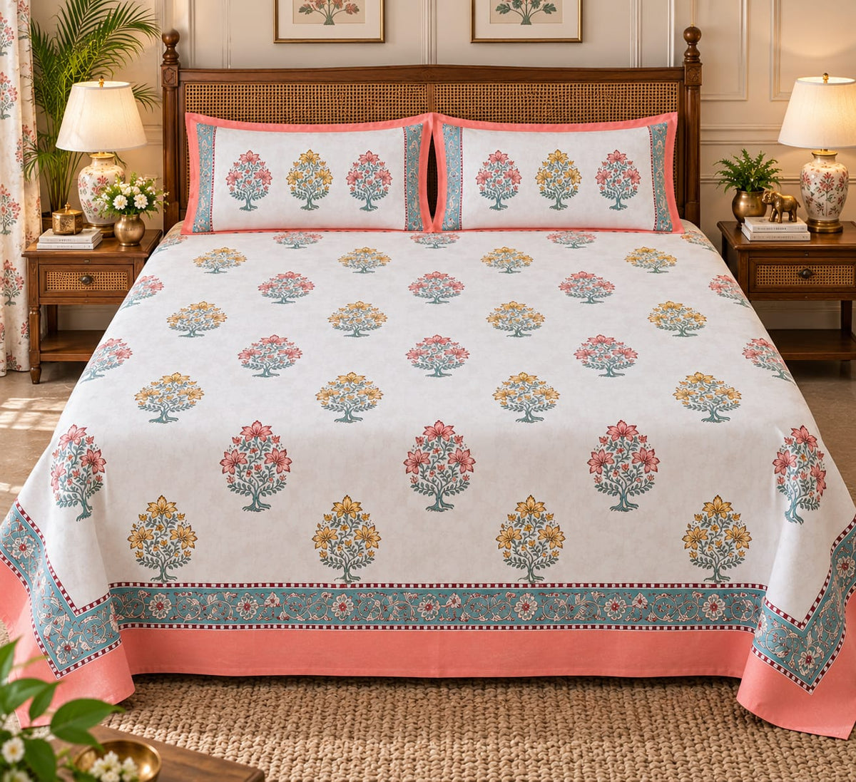 Coral Teal Floral Buta Handblock Cotton Super King Bedsheet on bed - full view