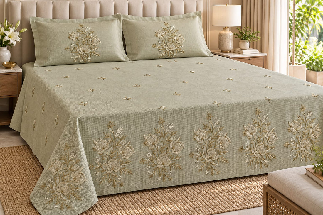 Florence Sage Gilded Lotus Embroidered Cotton King Size Bedsheet