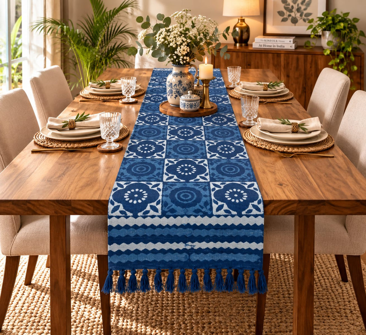 Indigo Floral Medallion Tile Hand Block Jute Table Runner - Table Runner - ChapaSsyahii