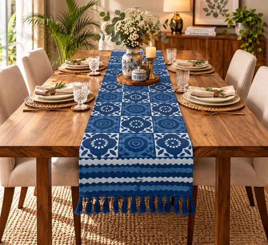 Indigo Floral Medallion Tile Hand Block Jute Table Runner - Table Runner - ChapaSsyahii