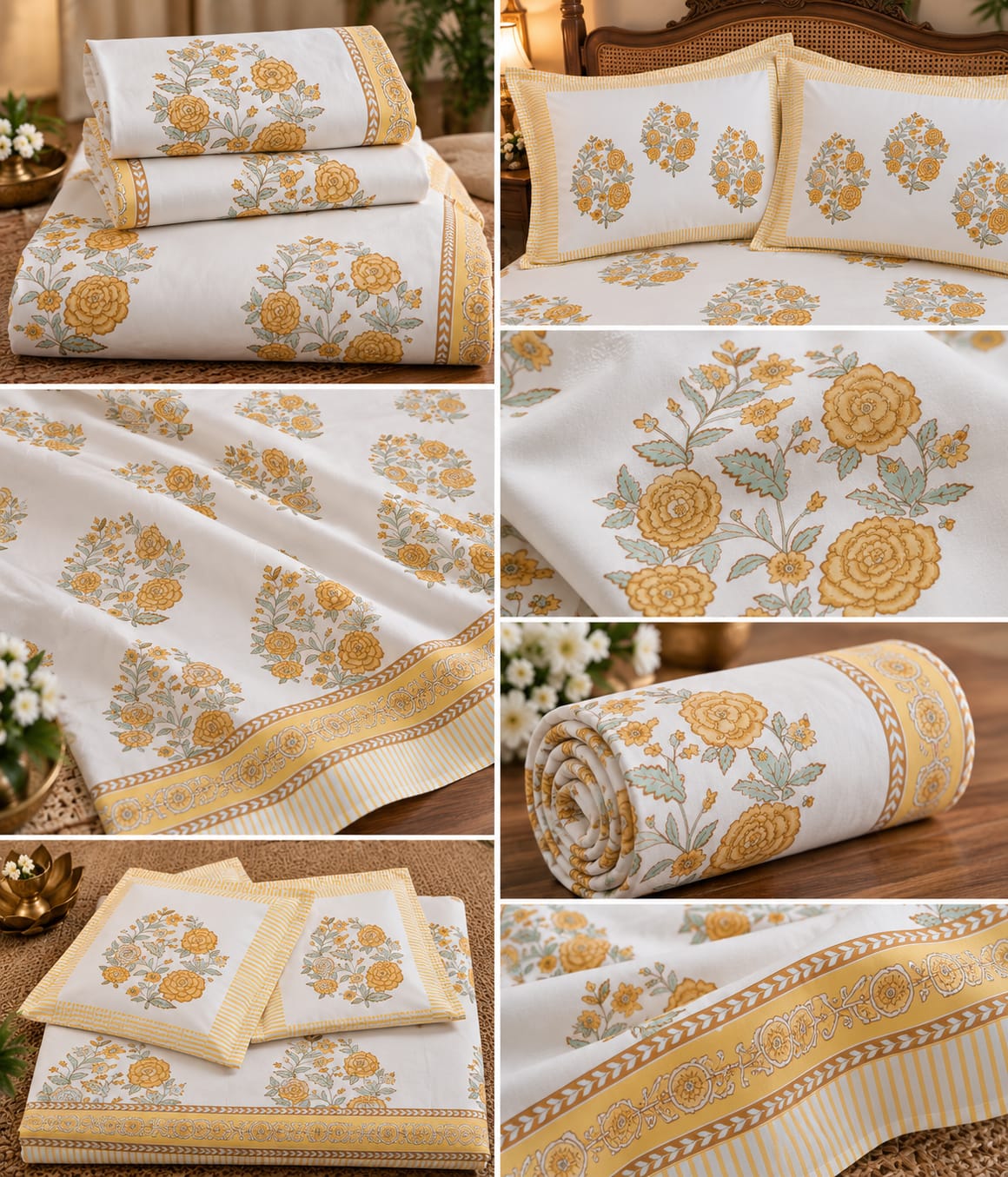 Mustard Rose Bouquet Handblock Cotton Super King Bedsheet 120x120 - folded set collage