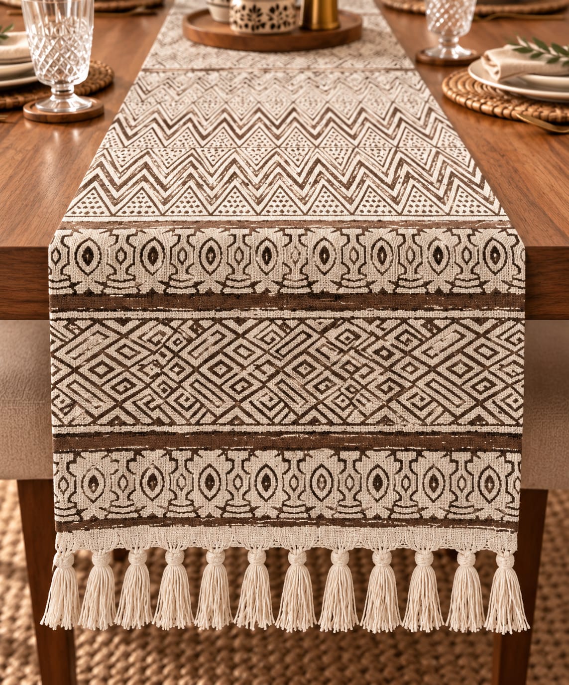 Mocha Aztec Tribal Hand Block Jute Table Runner - Table Runner - ChapaSsyahii