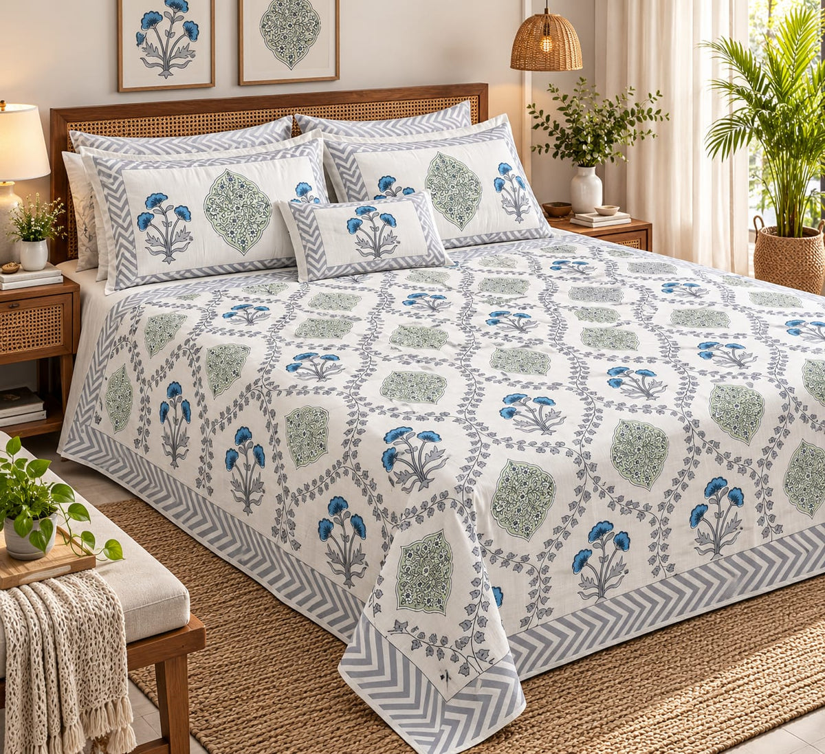 Blue Floral Trellis Cotton King Size Bedsheet Set