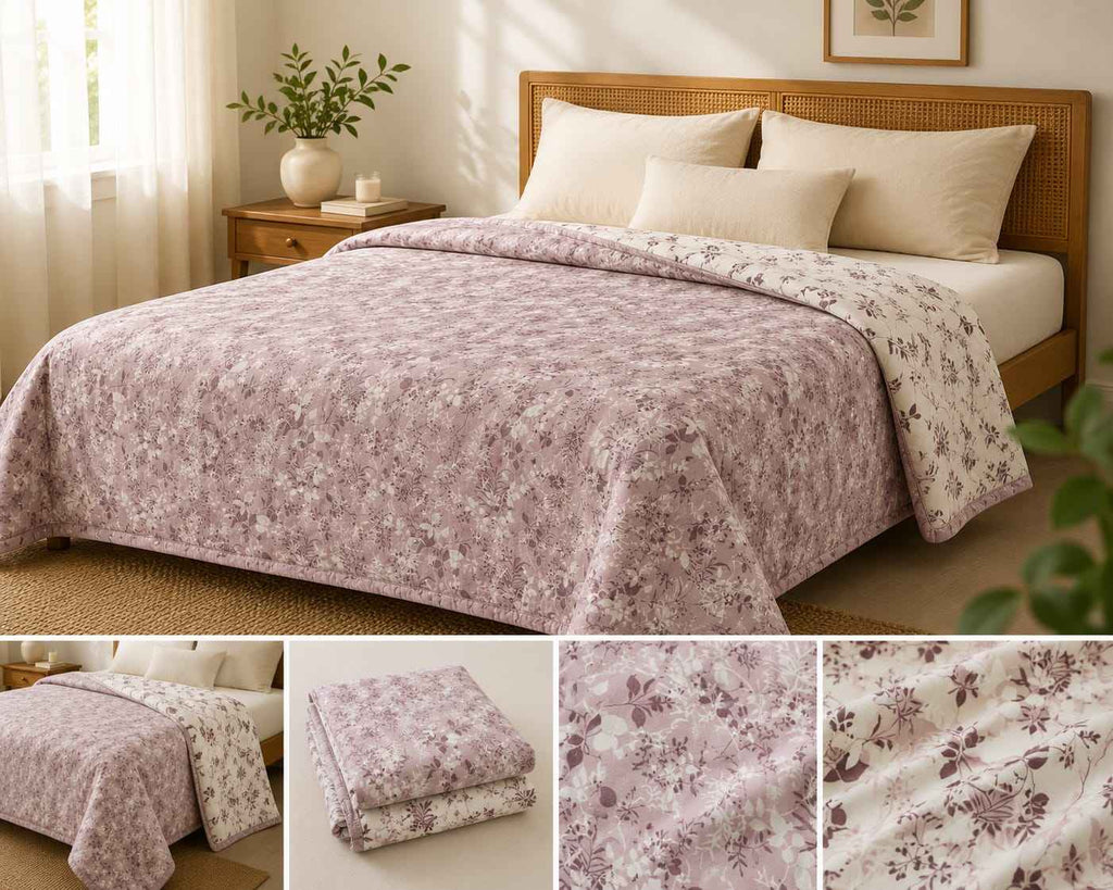 Dusty Mauve Blossom Handblock Reversible Dohar - Dohar - ChapaSsyahii