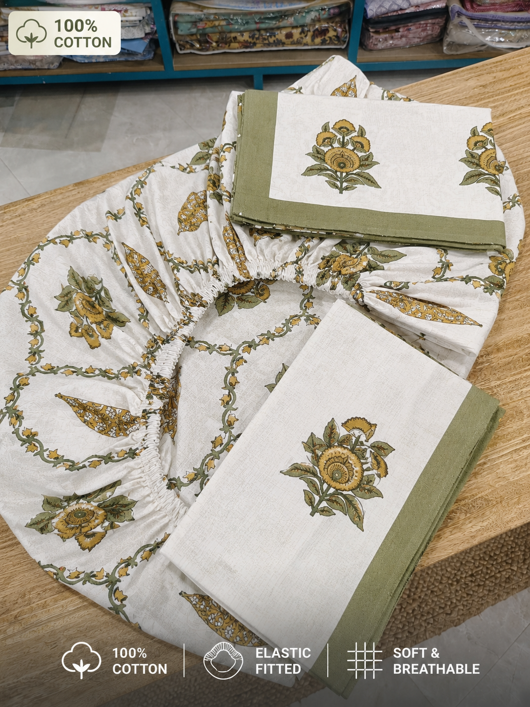Mustard Mughal Trellis Fitted Bedsheet Set – King Size