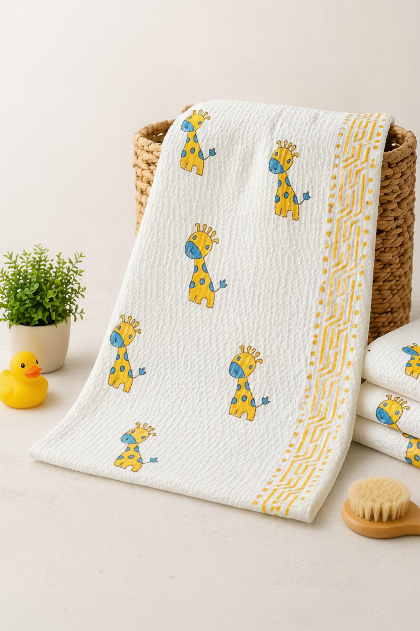 Kids waffle cotton towel with giraffe pattern in a basket, featuring product details and size information.