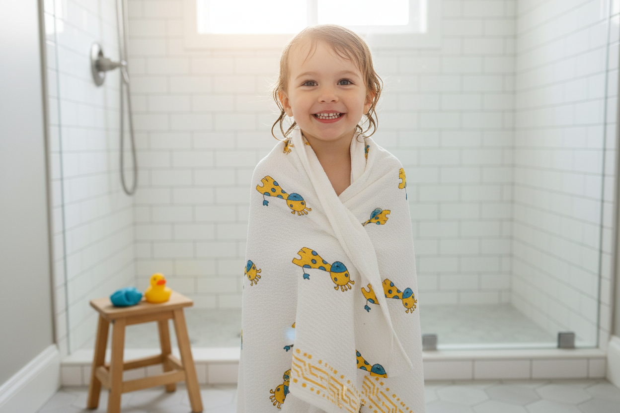Kids waffle cotton towel with giraffe pattern in a basket, featuring product details and size information.