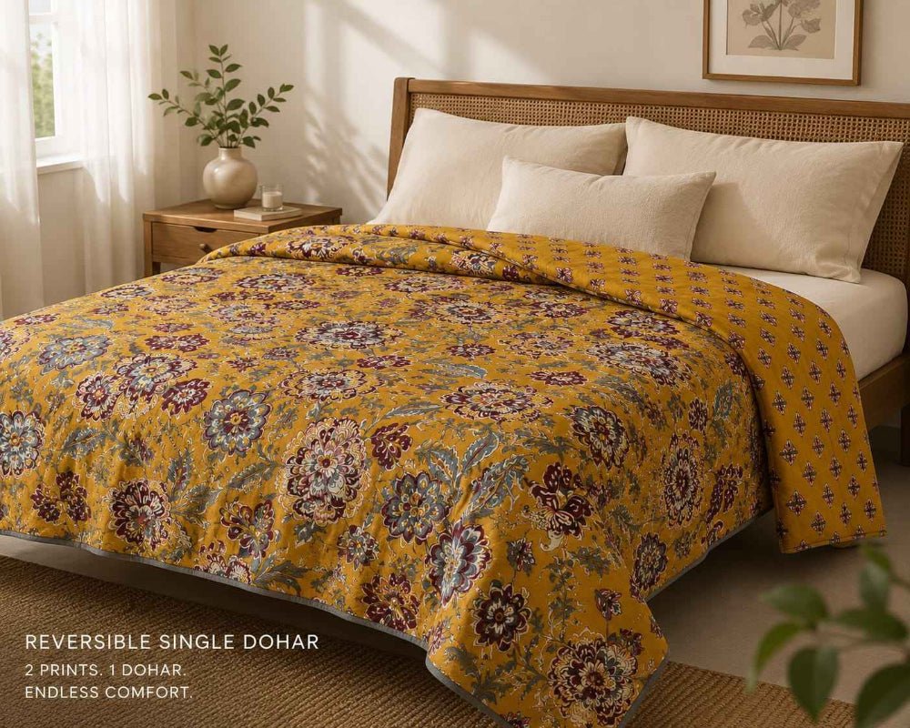 Golden Ochre Heritage Handblock Reversible Dohar - Dohar - ChapaSsyahii