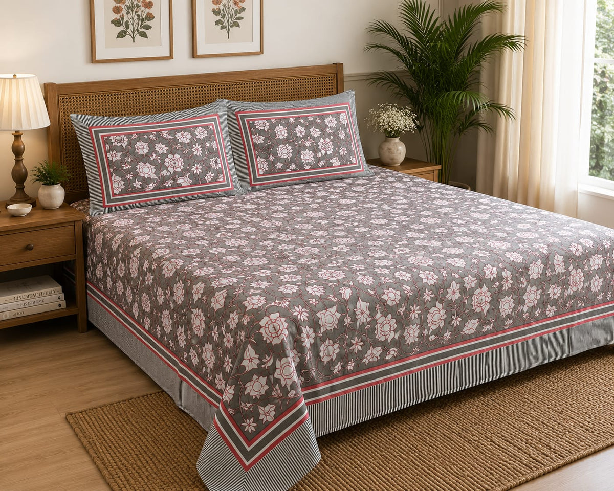 Grey Pink Floral Cotton King Size Bedsheet Set with 2 Pillow Covers | 100% Cotton | 225x275 cm | ChapaSSyahii - Bedsheet Set - ChapaSsyahii