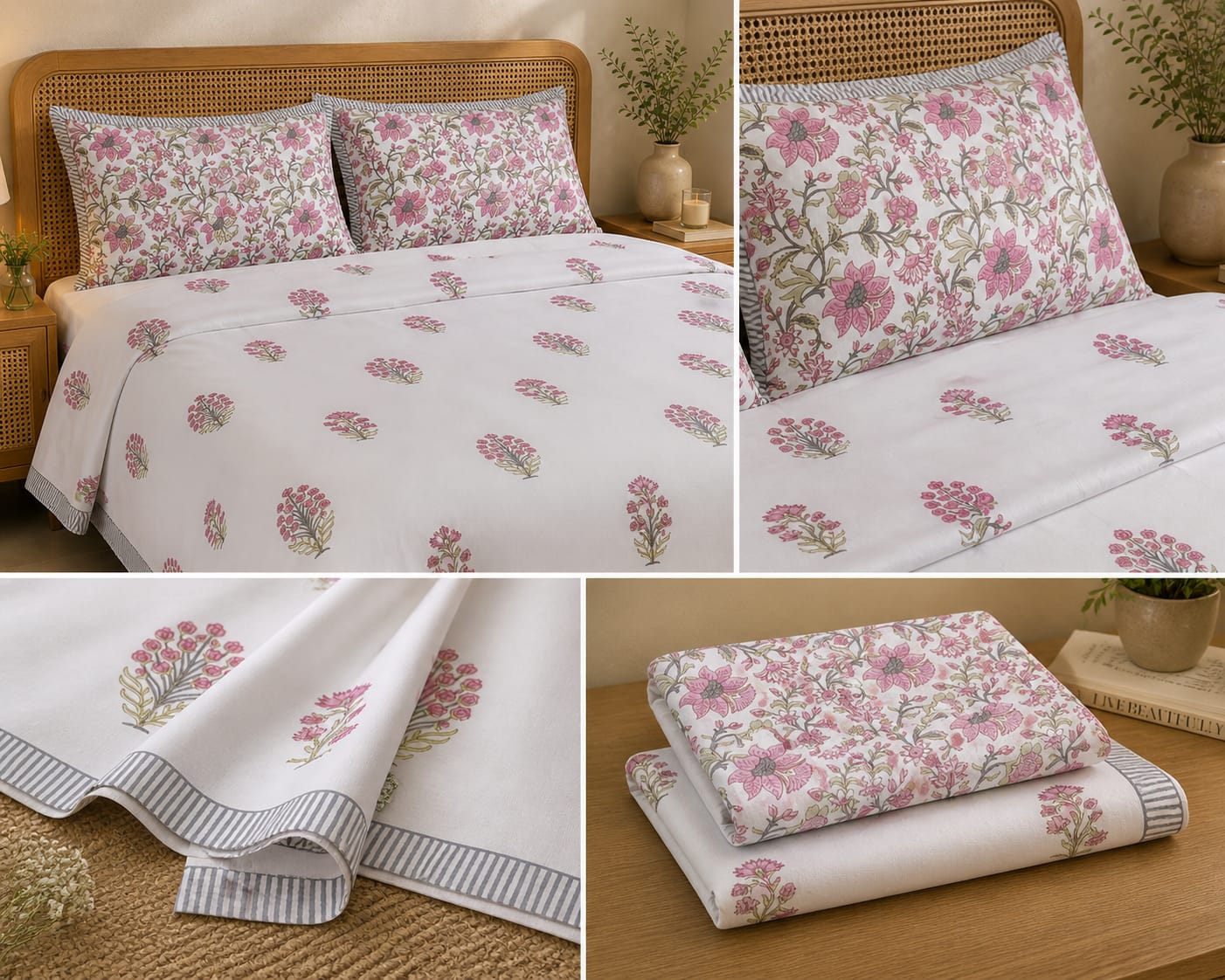 Gulabi Buti Handblock Floral King Size Bedsheet - Bedsheet Set - ChapaSsyahii