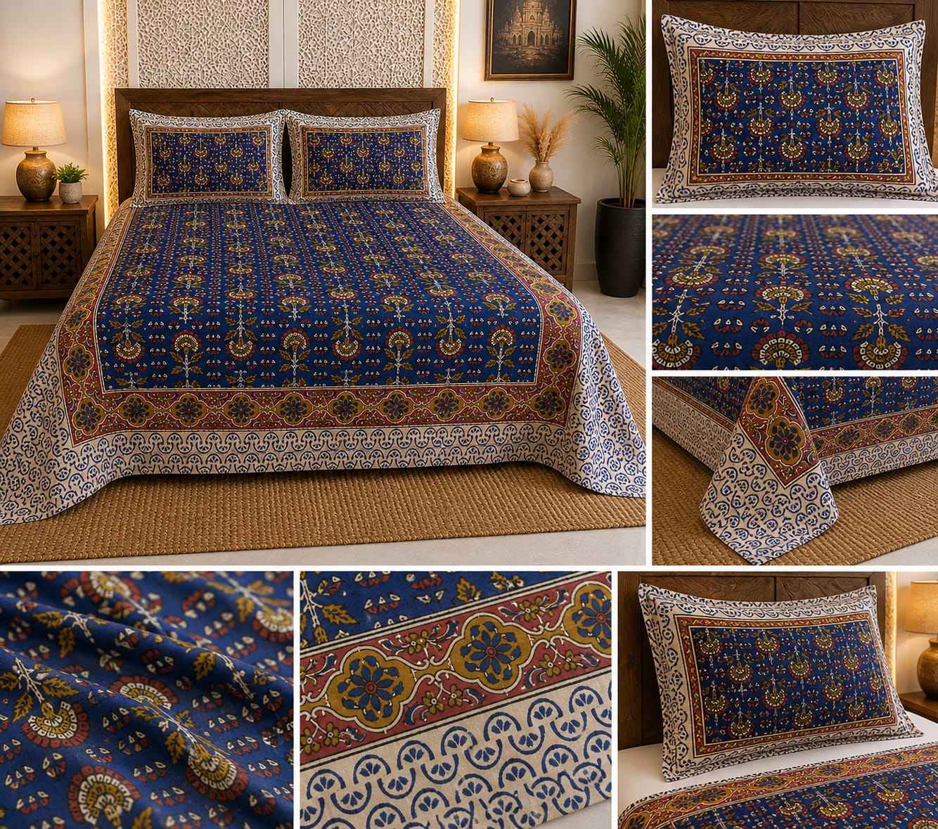 Indigo Classic Motif Premium Cotton King Bedsheet Set - Bedsheet - ChapaSsyahii