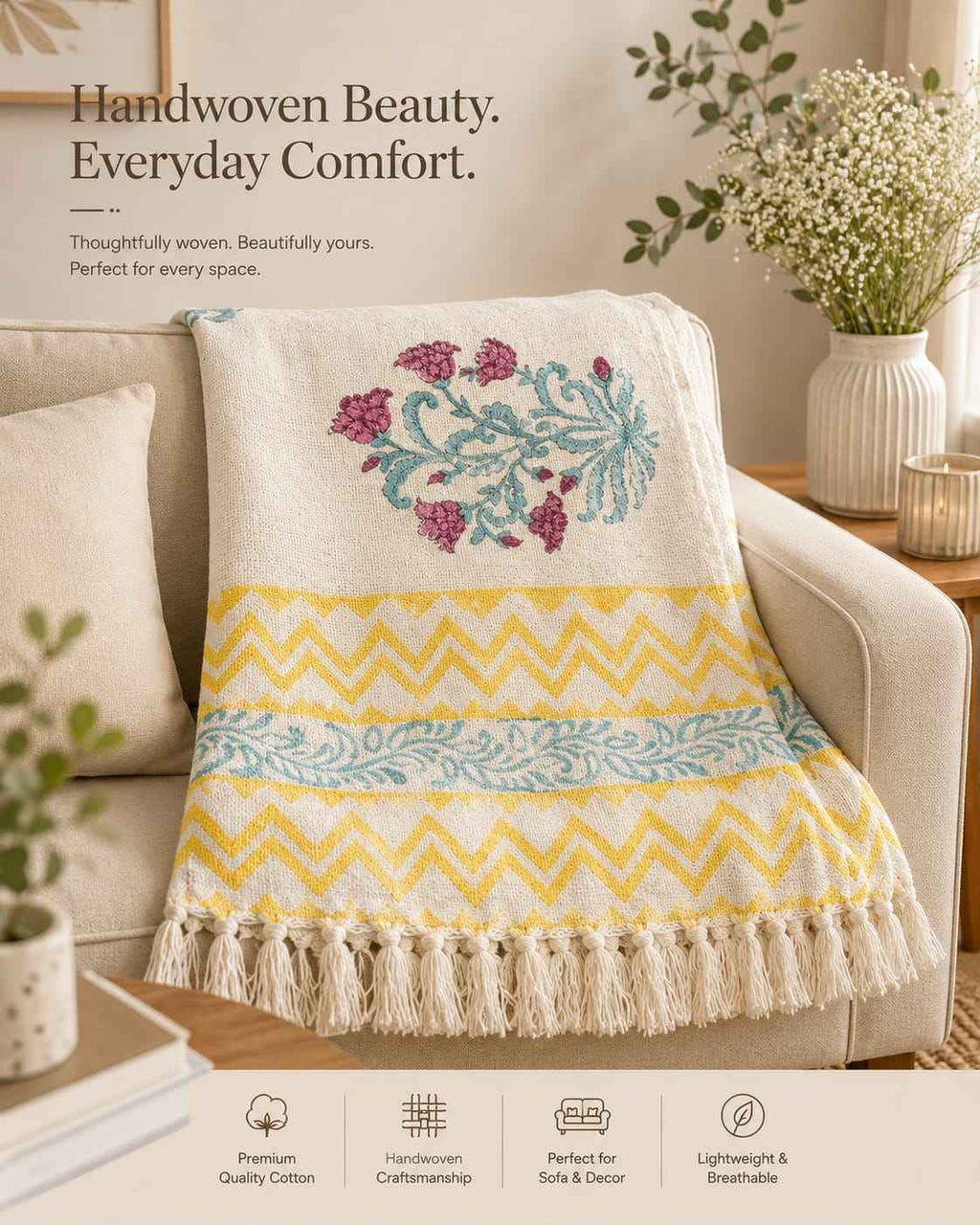 Indigo Ochre Bloom Throw - Sofa Throw - ChapaSsyahii