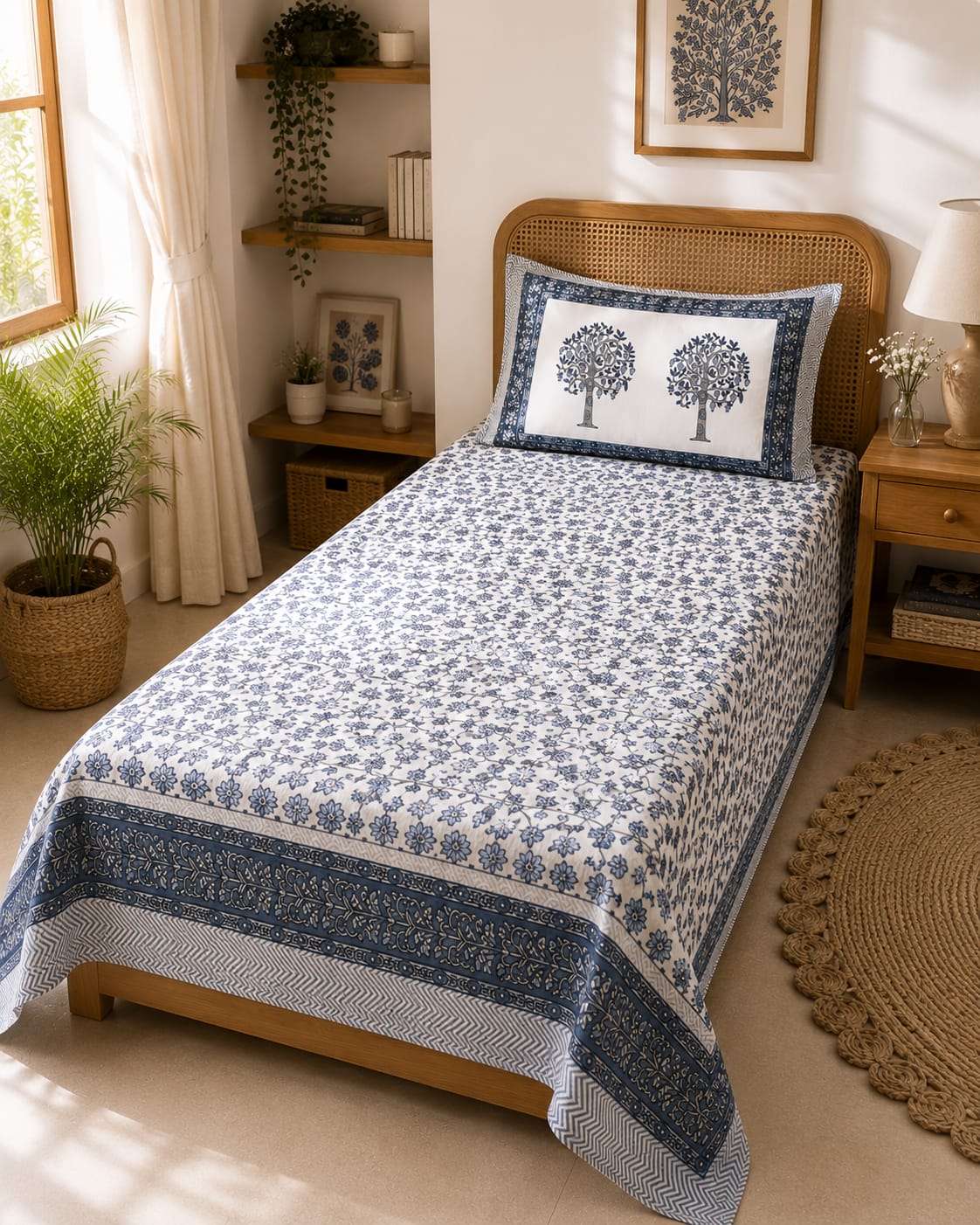 Indigo Pushp Lata Border Single Bedsheet – 100% Cotton | 240 TC - Single Bedsheet - ChapaSsyahii