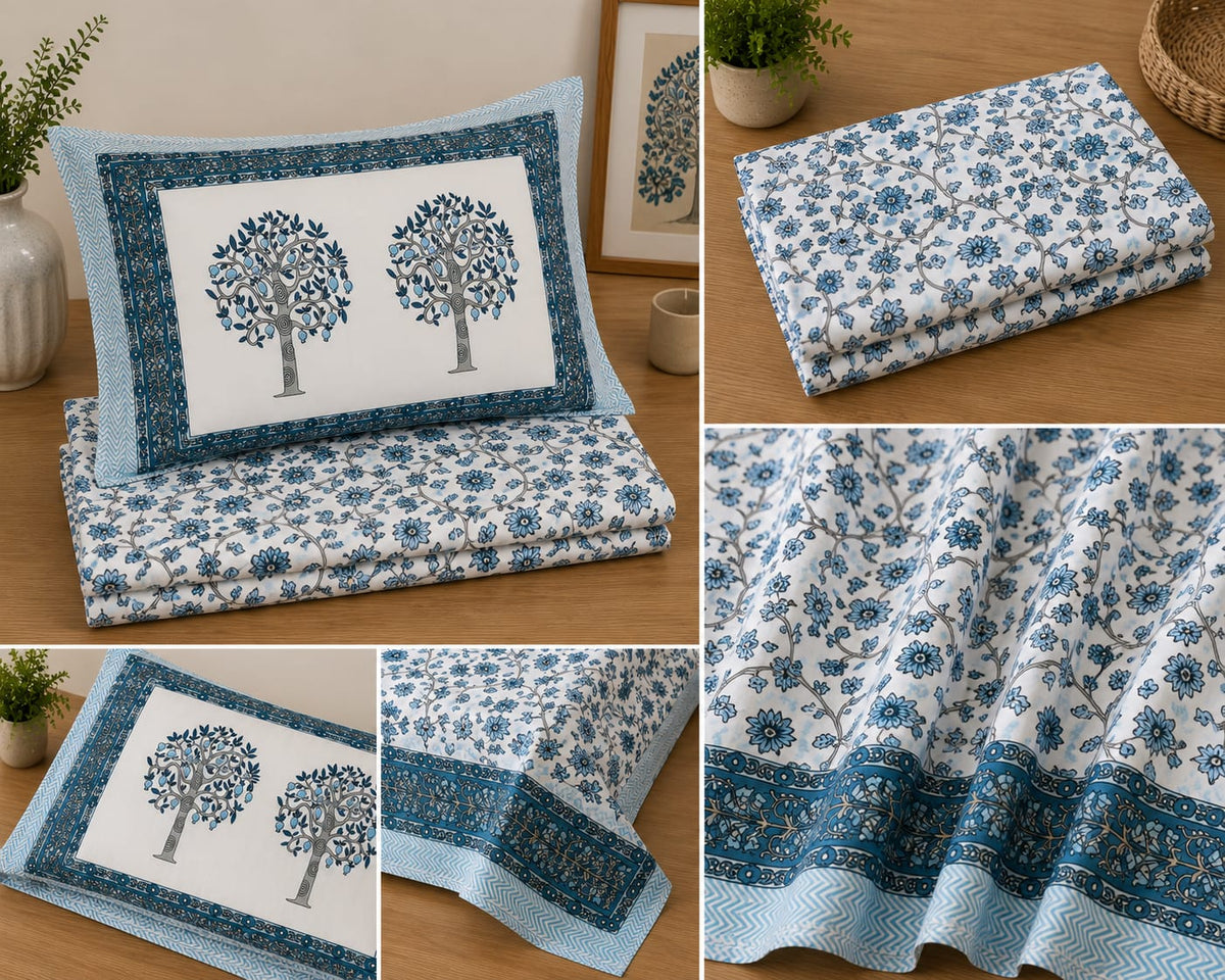Indigo Pushp Lata Border Single Bedsheet – 100% Cotton | 240 TC - Single Bedsheet - ChapaSsyahii
