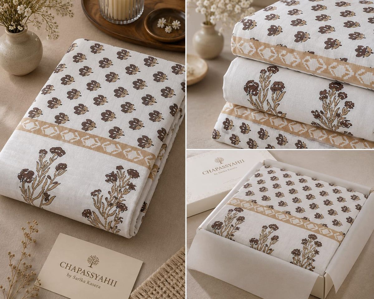 Ivory & Brown Floral Boota Cotton King Size Bedsheet – Handblock Inspired Print | Premium Bedding - Bedsheet Set - ChapaSsyahii
