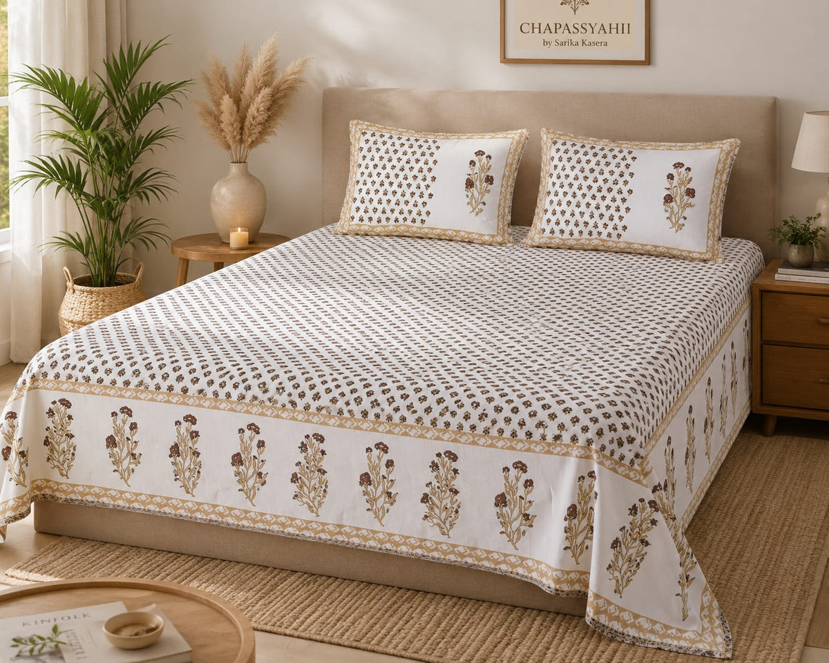 Ivory & Brown Floral Boota Cotton King Size Bedsheet – Handblock Inspired Print | Premium Bedding - Bedsheet Set - ChapaSsyahii