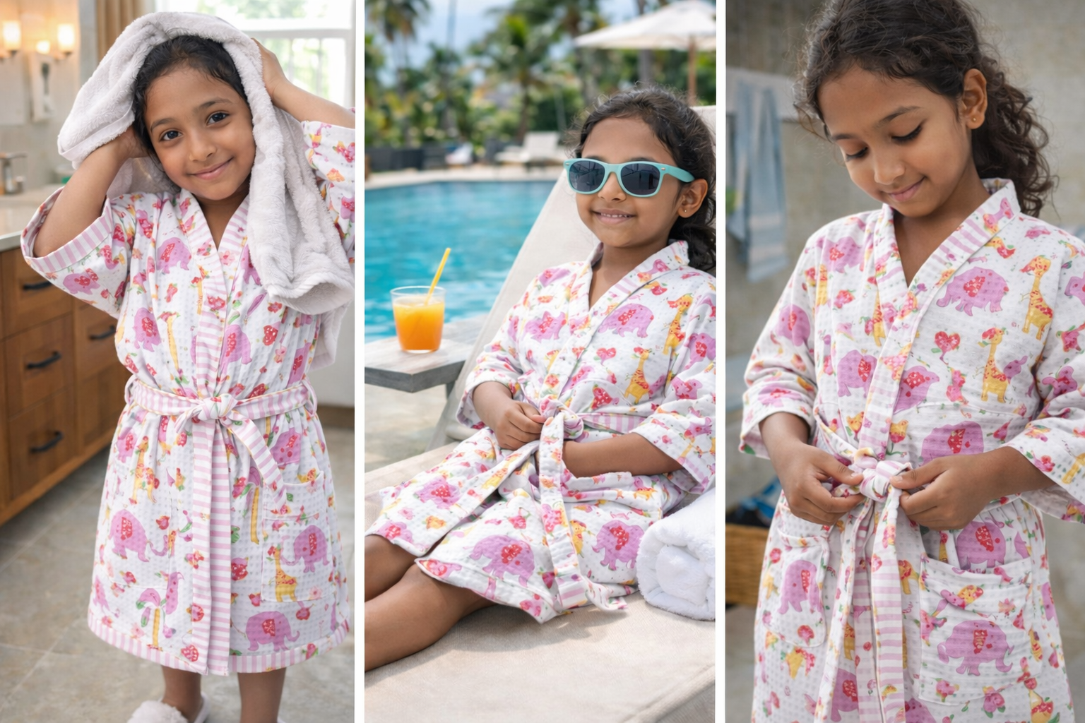 Kids Animal Adventure Cotton Waffle - Pink - Kids Bathrobe - ChapaSsyahii