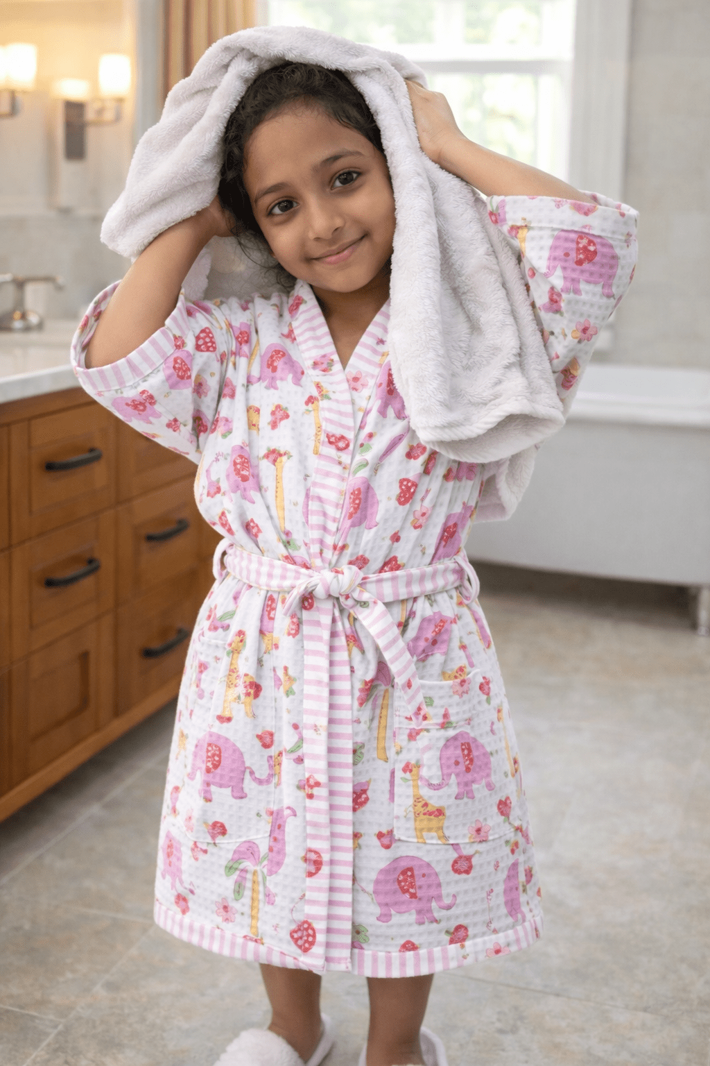 Kids Animal Adventure Cotton Waffle - Pink - Kids Bathrobe - ChapaSsyahii