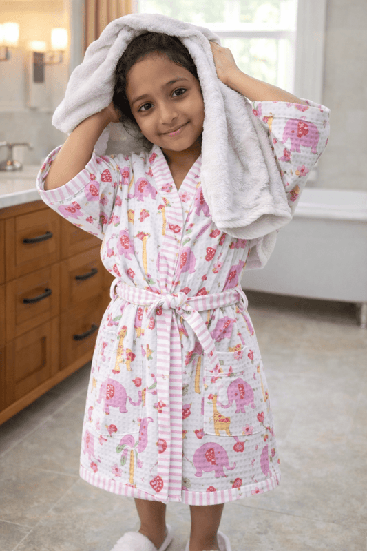 Kids Animal Adventure Cotton Waffle - Pink - Kids Bathrobe - ChapaSsyahii