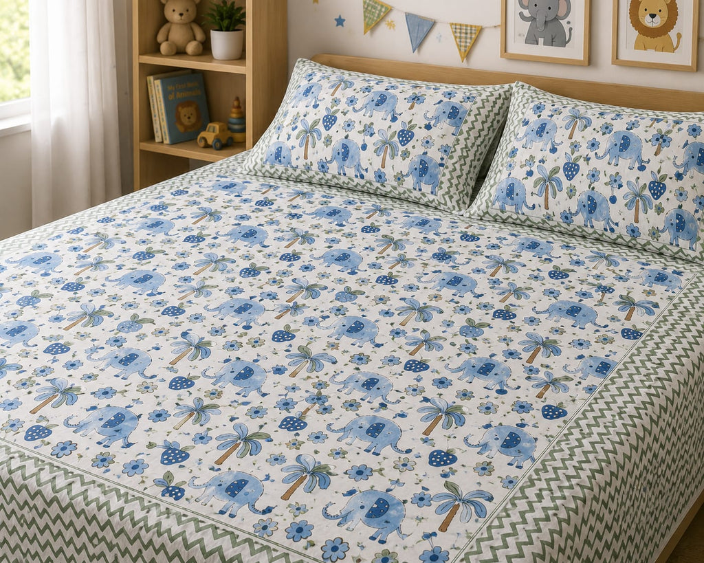 Kids Bedsheet King Size 100% Cotton – Blue Elephant Print - Kids Bedsheet - ChapaSsyahii