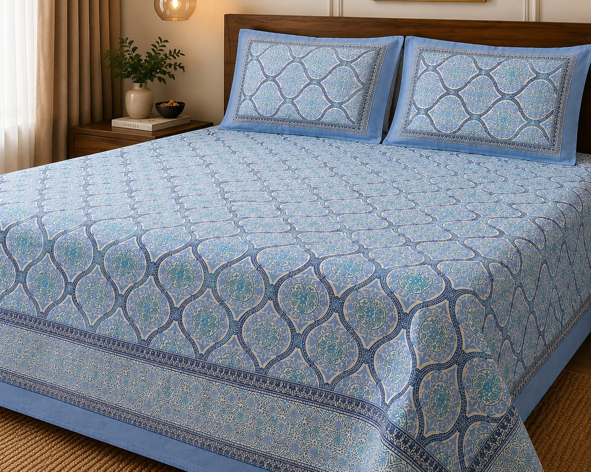 Light Blue Tile Print Cotton King Size Bedsheet Set with 2 Pillow Covers | 100% Cotton | 225x275 cm | ChapaSSyahii - Bedsheet Set - ChapaSsyahii