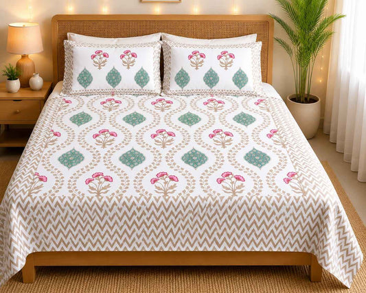 Meher Turquoise Bloom 260 TC Cotton Bedsheet - Bedsheet Set - ChapaSsyahii