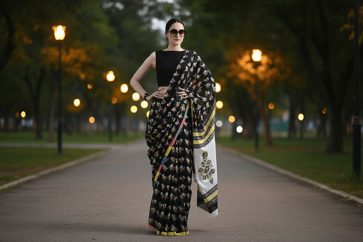 Midnight Celebration Motifs - Mulmul Saree - ChapaSsyahii