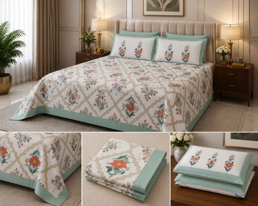 Mint Blossom Jaal – Mint Green, Ivory & Soft Orange - Bedsheets - ChapaSsyahii