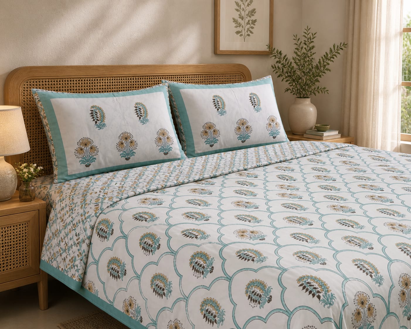 Mor Pankh Scallop Handblock King Size Bedsheet - Bedsheet Set - ChapaSsyahii