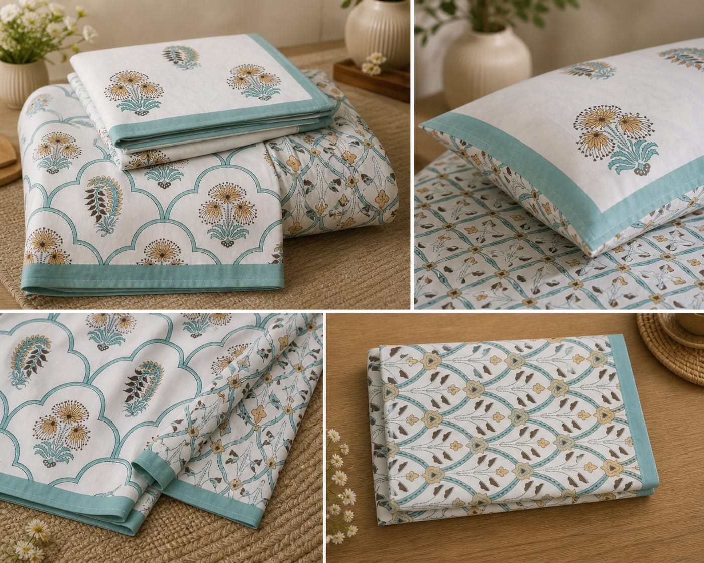 Mor Pankh Scallop Handblock King Size Bedsheet - Bedsheet Set - ChapaSsyahii