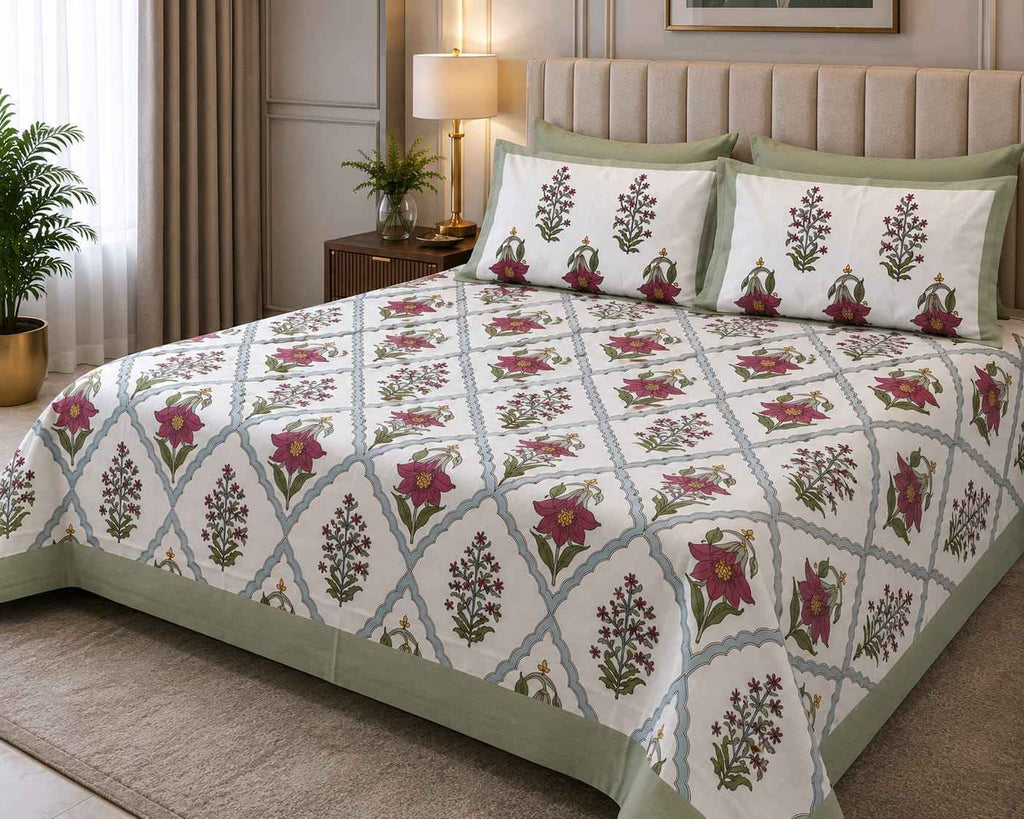 Mughal Meadow – Soft Grey, Rose Pink & Sage Green - Bedsheets - ChapaSsyahii