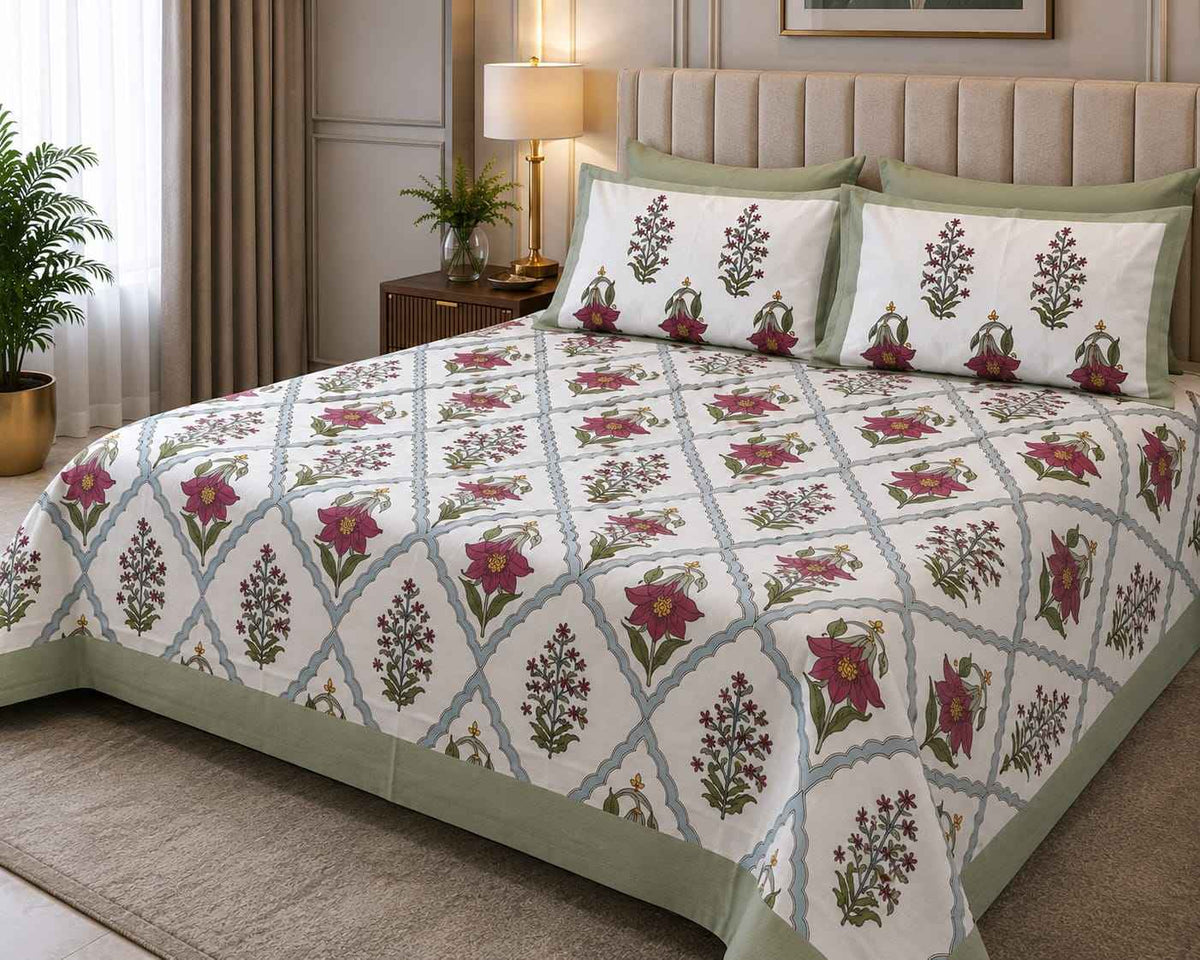 Mughal Meadow – Soft Grey, Rose Pink & Sage Green - Bedsheets - ChapaSsyahii