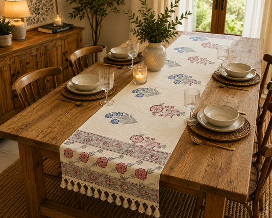 Multicolor Floral Border Hand Block Jute Table Runner - Table Runner - ChapaSsyahii